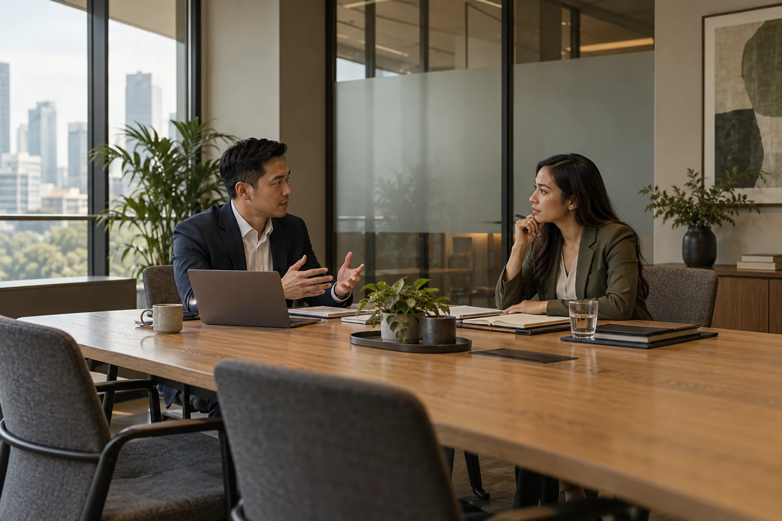 Illustrative business discussion in a modest meeting room
