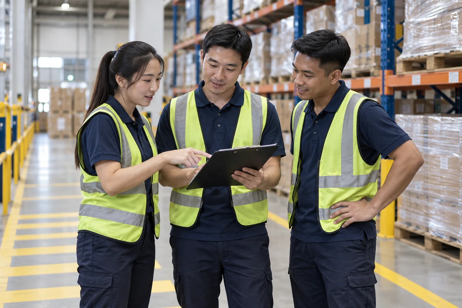 Illustrative workplace safety briefing in a logistics facility