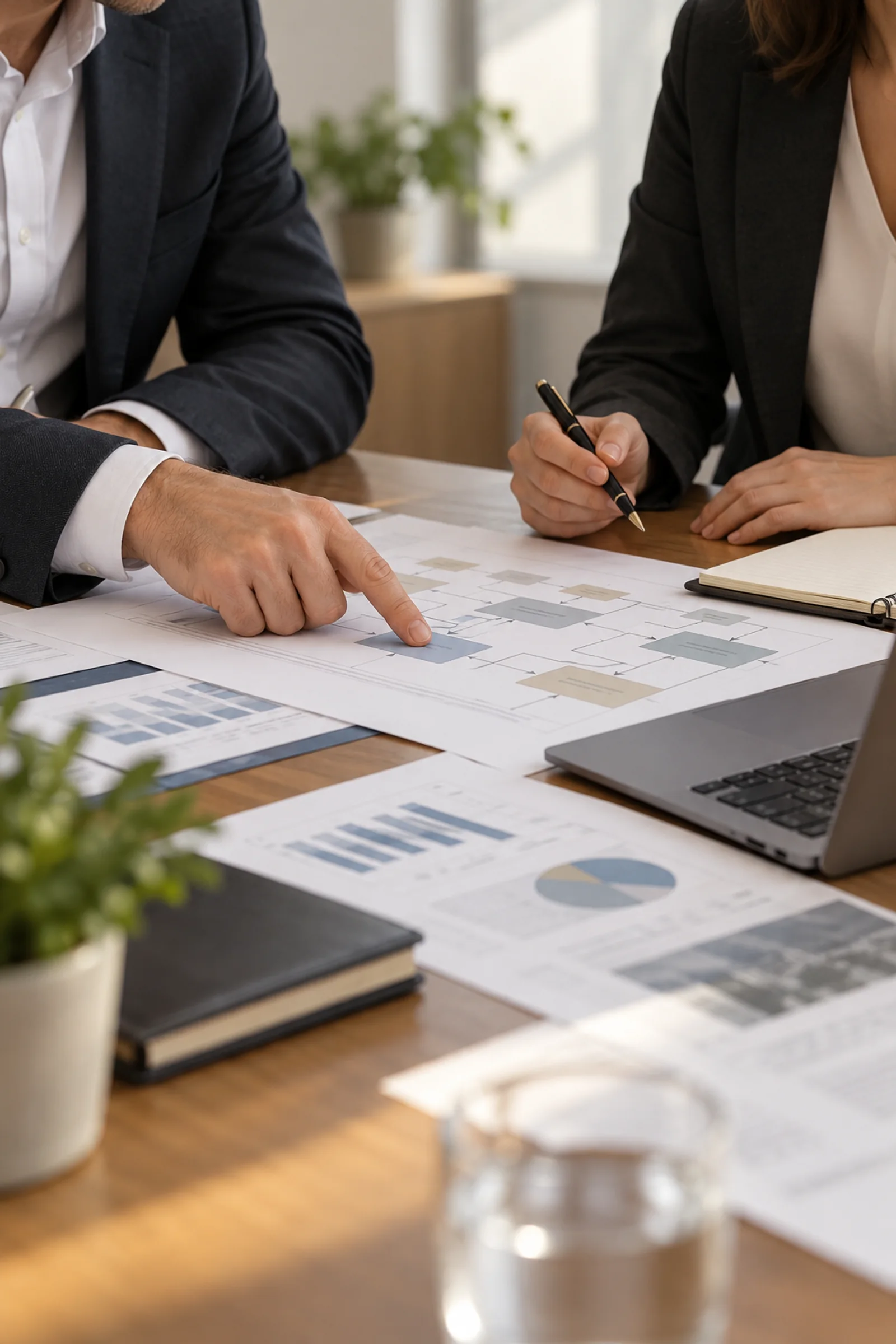 Illustrative business process review with documents and a laptop