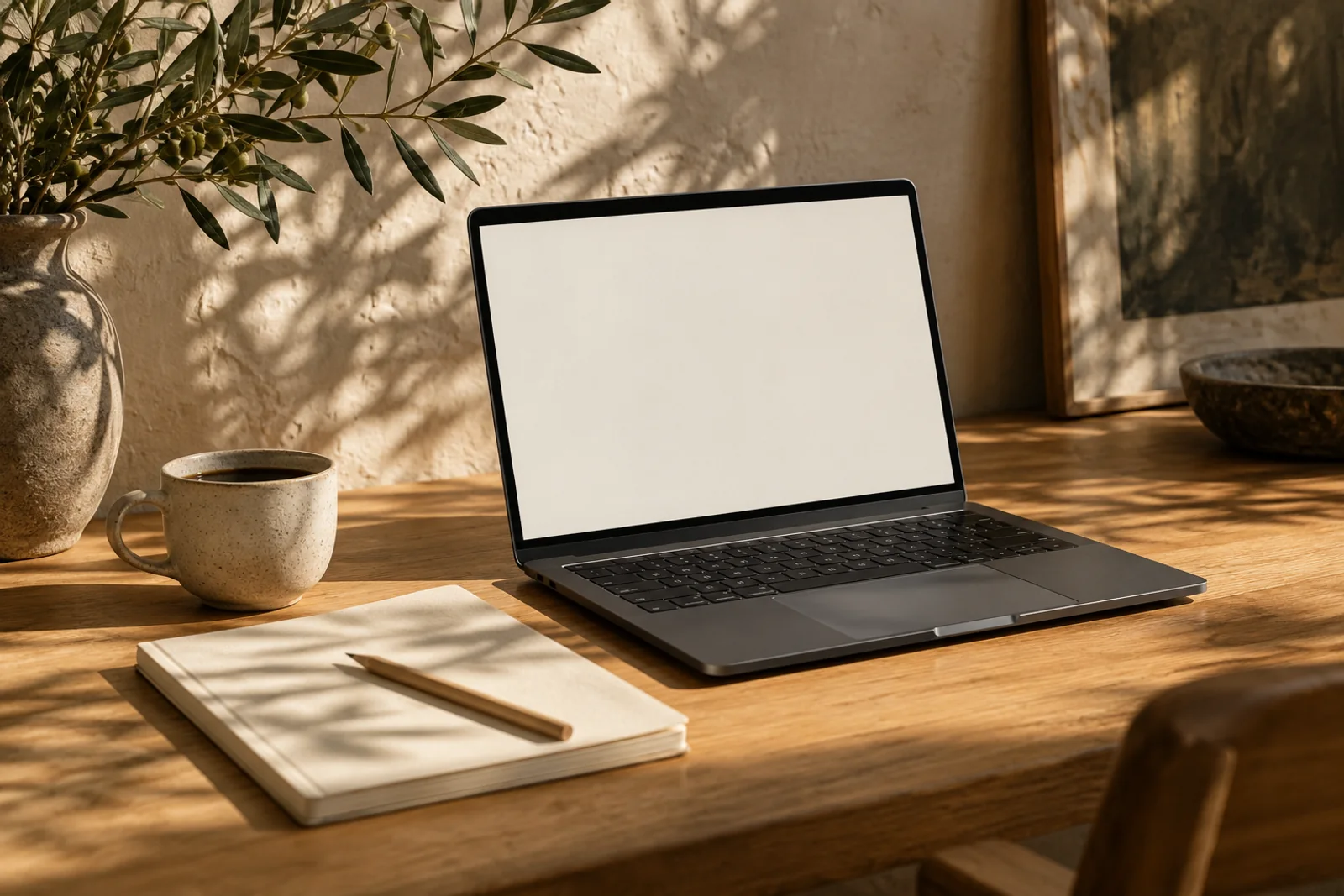 Illustrative laptop workspace with warm natural light