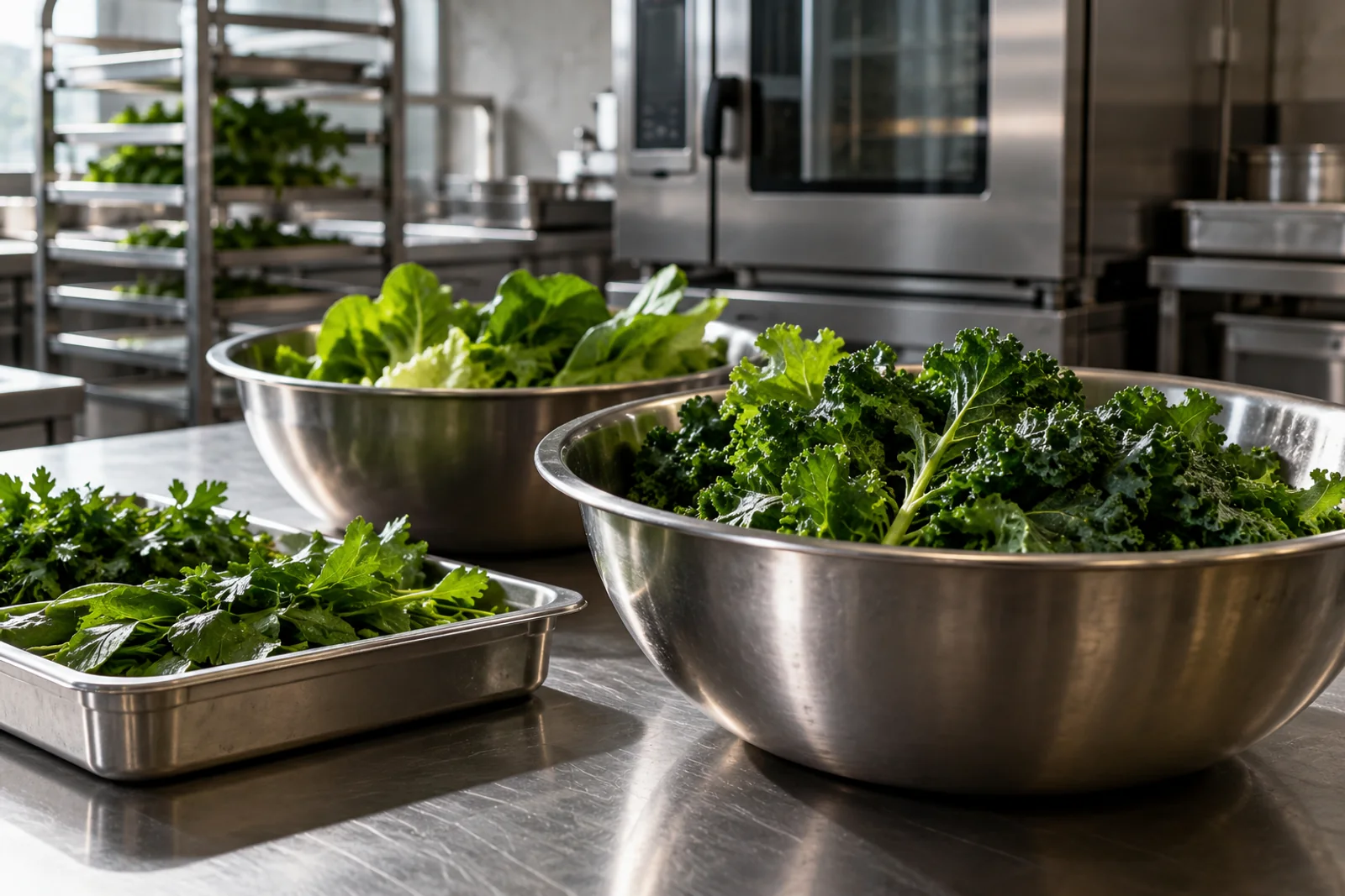 Illustrative hygienic commercial food preparation workspace with stainless steel surfaces