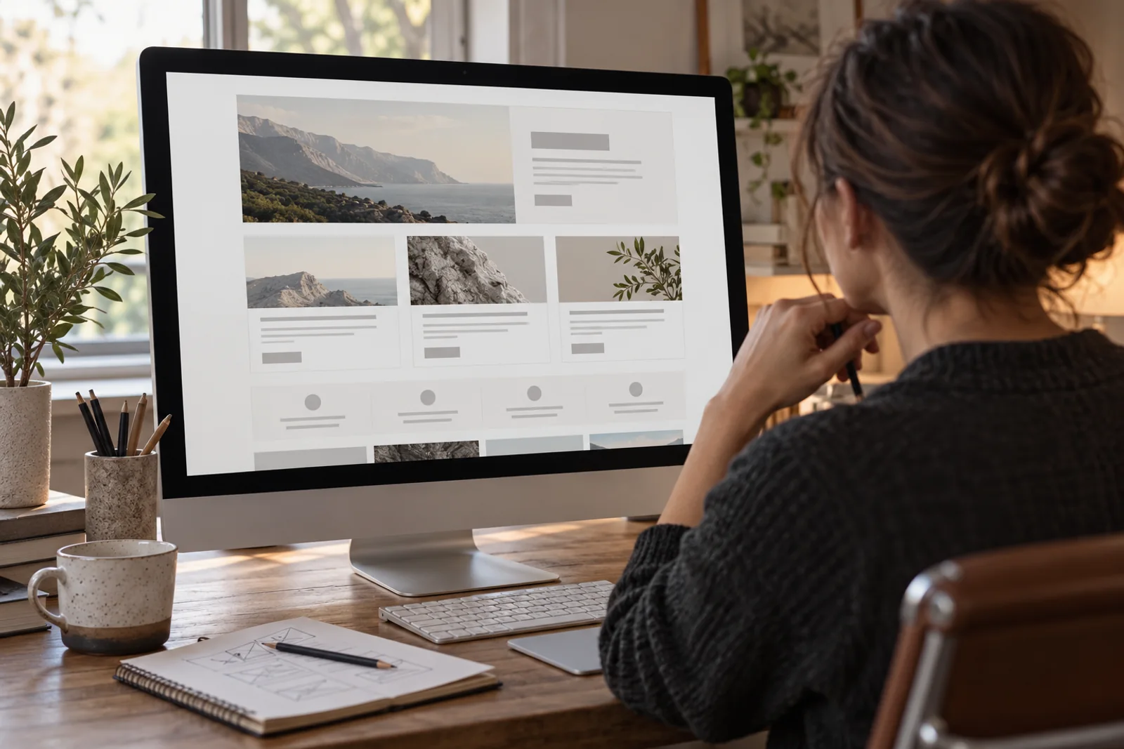 Illustrative designer reviewing a business website on a desktop monitor